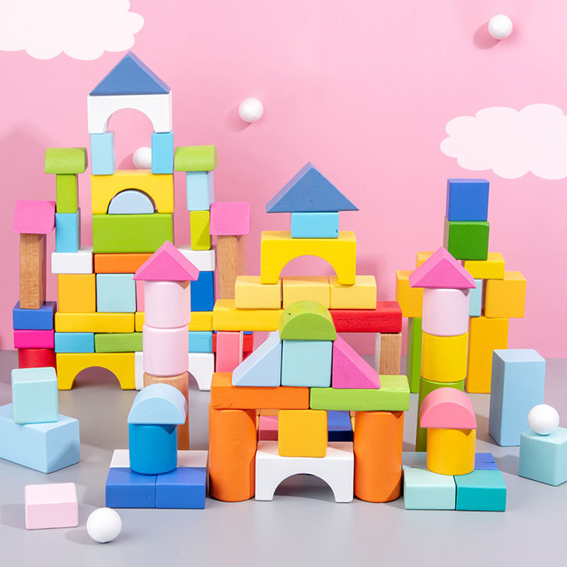 木丁丁大颗粒积木木质宝宝拼装玩具早教男女孩100粒城堡儿童节日礼物