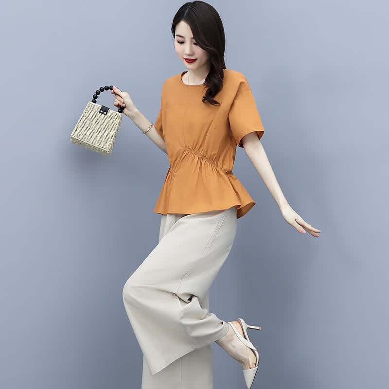 梦史怡现货亚麻套装女2024夏新款时尚短袖棉麻上衣阔腿裤两件套 深橘