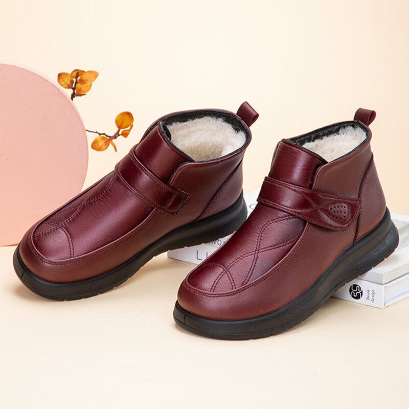 泰和源老北京布鞋女羊毛棉鞋冬季中老年平底加绒加厚保暖防滑妈妈短靴 红色 加绒 76140 40