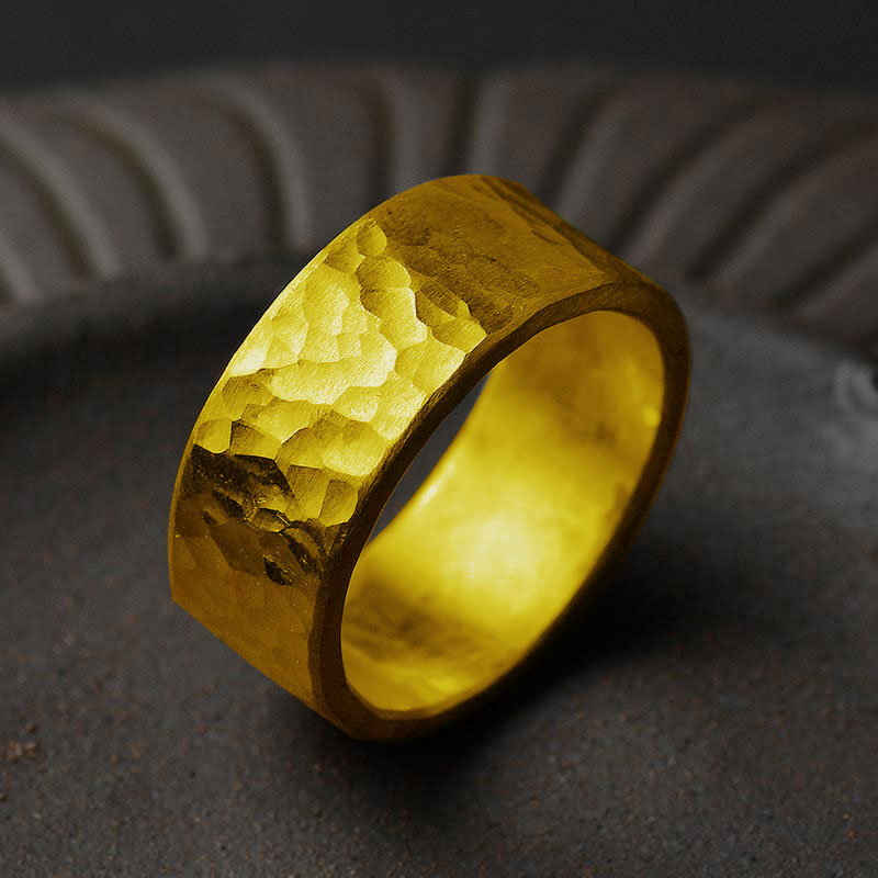 匠蕴黄金戒指男女足金999亮面锤纹宽面实心大气霸气帅酷送礼定制款 面