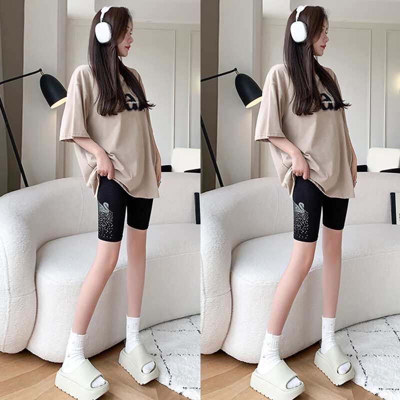 苓影2024新款夏季五分安全褲女外穿打底褲燙鉆高腰彈力 五分 燙鉆  小天鵝+小天鵝 M