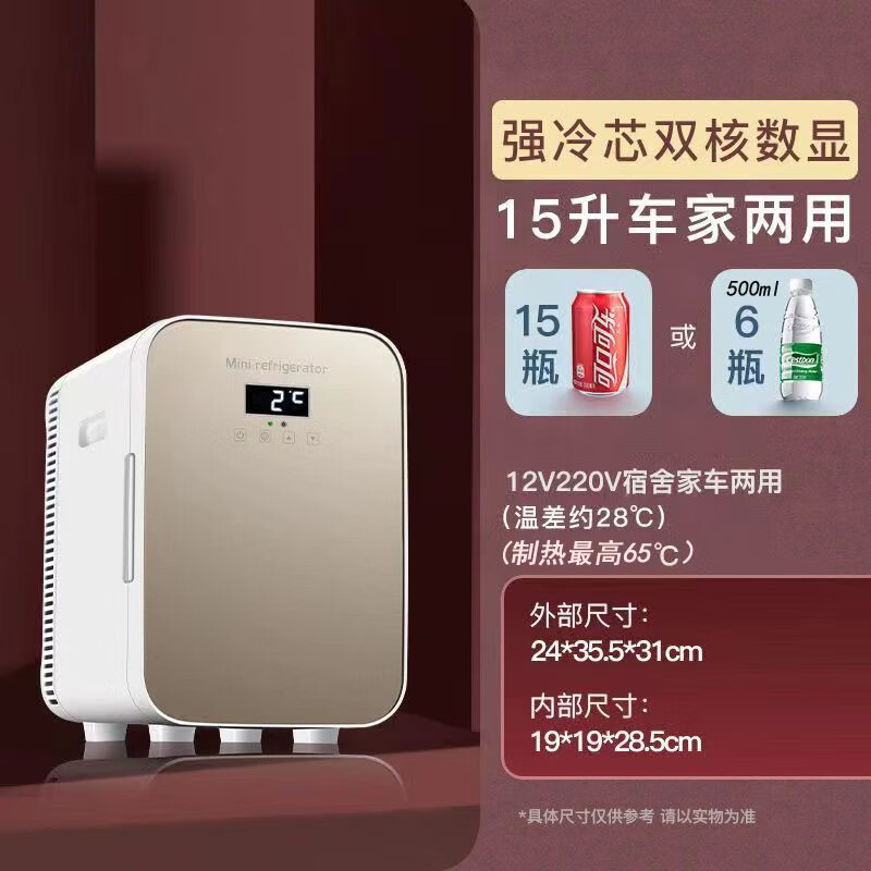 华柯尼华柯尼迷你小冰箱小型家用租房宿舍药品车载冰箱学生冷藏冷冻一人 强冷数显2-8度金色 车家两用 15升