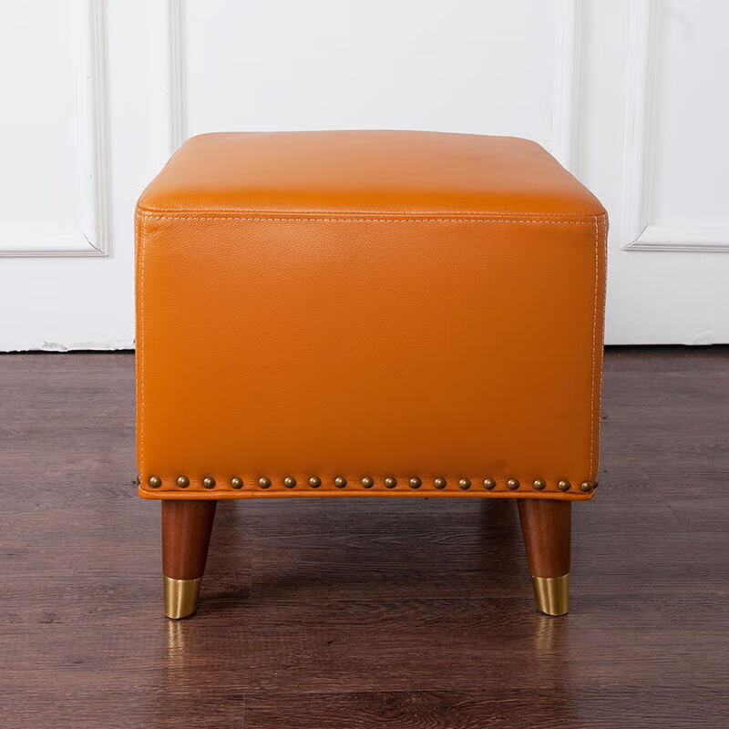 头层牛皮轻奢真皮沙发脚踏凳家用客厅实木脚蹬 橙 五个面全牛皮