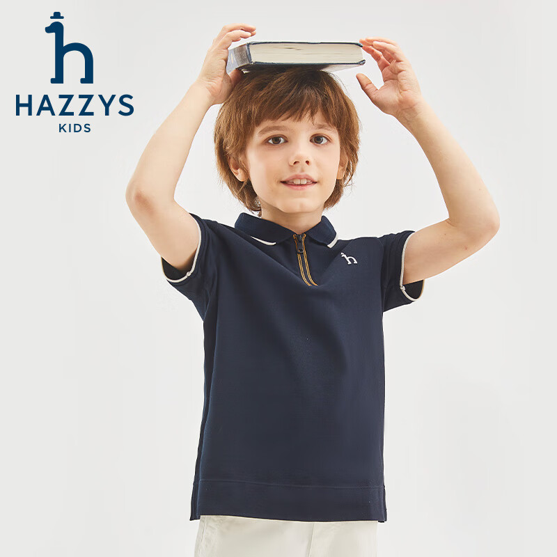 哈吉斯(HAZZYS)品牌童装男童短袖夏季新品柔软弹力经典翻领撞条短袖POLO衫 米白色 165cm