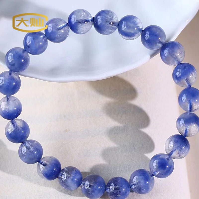 大灿 聚宝盆单圈水晶手链蓝顺发晶聚宝盆单圈水晶手串天然蓝发晶