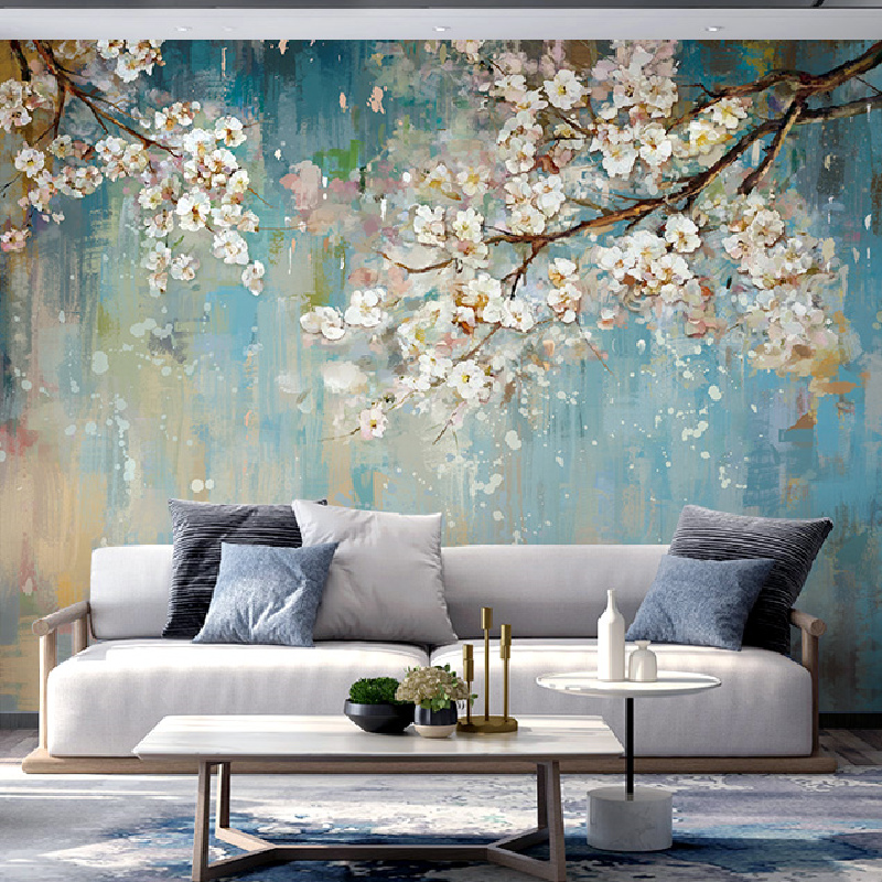 复古墙布国潮风花朵油画沙发美式壁布客厅电视背景墙纸 真丝锦缎/平米