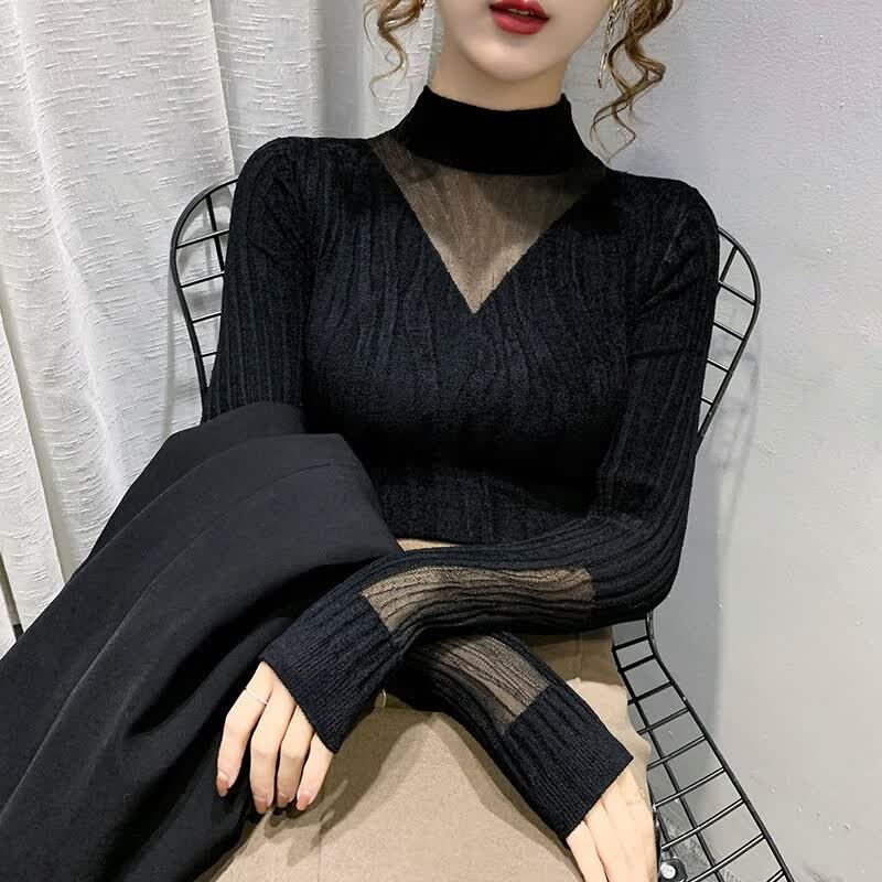 梵阕打底衫女秋冬新款修身内搭高级感蕾丝网纱拼接针织衫洋气镂空上衣 黑色 均码 -建议90-135斤