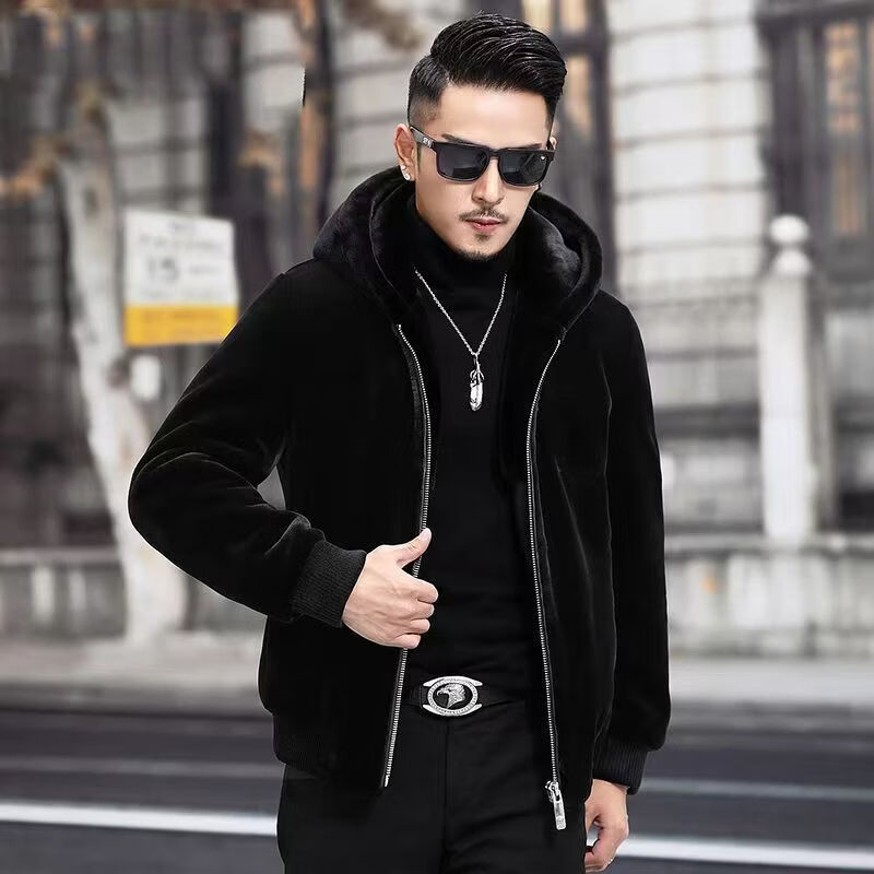 2021冬季男士金貂绒外套翻领拉链加厚皮草中老年保暖雪貂绒男装 连帽