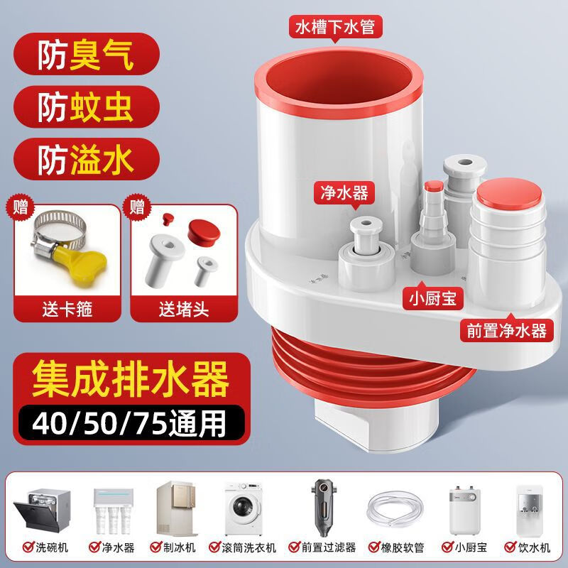 厨房下水管净水器三通接头水槽洗菜盆洗碗机排水管三头通防臭 【一套搞定】省空间防臭-5075管通用【白红】五