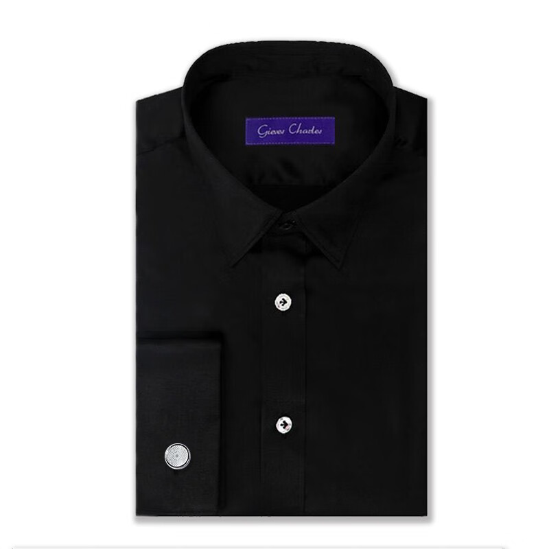 GIEVES CHARLES高端手工定制 桑蚕丝 法式 礼服 修身男士长袖袖扣衬衫 黑色 39