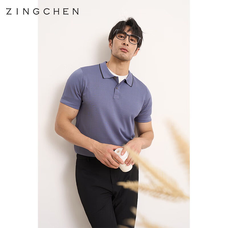 zingchen【抗皱抗变形冰丝】短袖polo衫男  珠地凉感休闲翻领 灰蓝色