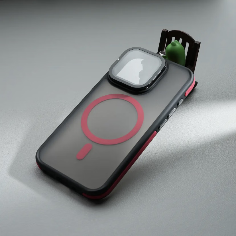 魔杰樂 護鏡磁吸隱形支架適用蘋果16Promax手機殼iPhone15Pro簡約透明14磨砂膚感13全包12帶鏡頭膜保護套 鏡頭蓋護鏡支架【高級紅-磁吸款】雙色訊彩磨砂膚感殼 iPhone 16 Pr