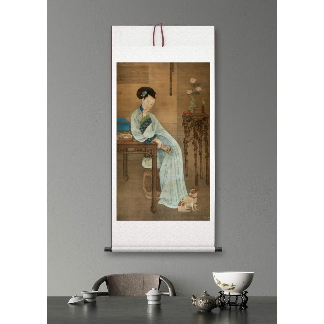 冷枚《春闺倦读图》客厅挂画工笔国画人物画高清艺术微喷复制临摹