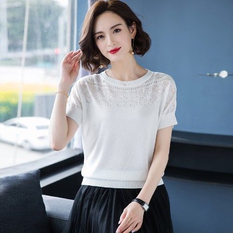 康创晖妈妈短袖t恤女针织衫中老年女装夏装冰丝打底衫宽松洋气上衣薄