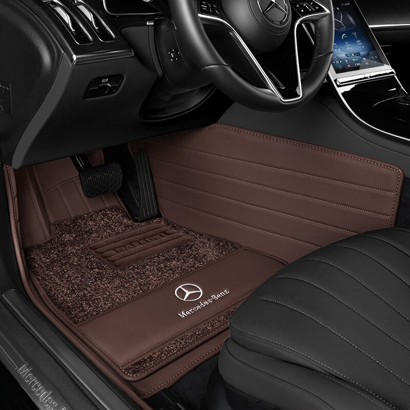 沃丹真皮汽车脚垫适用于26款奔驰E300L gle350 450 glc300L gls s480 咖啡色(100%纯牛皮双层脚垫) 20-26款奔驰GLE350 400 450