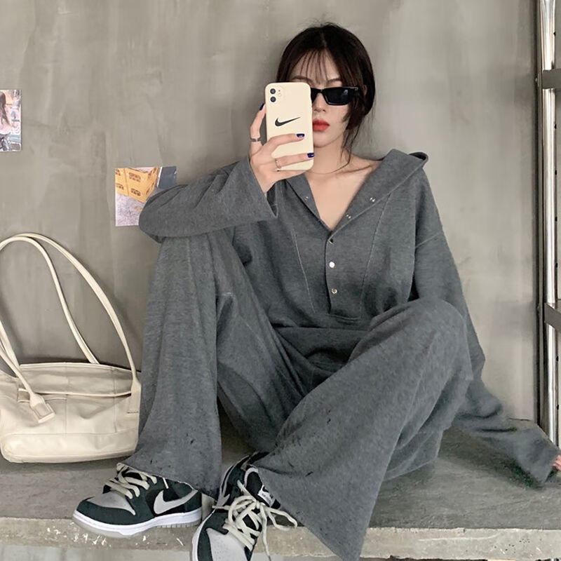 胖mm休闲时尚阔腿裤两件套卫衣运动套装i 灰色套装 2xl建议130-160斤