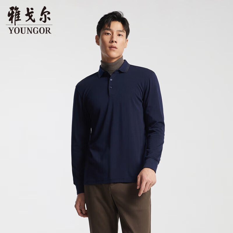 雅戈尔 POLO男士 2023秋冬季青年男士商务休闲长袖POLO衫 藏青 M