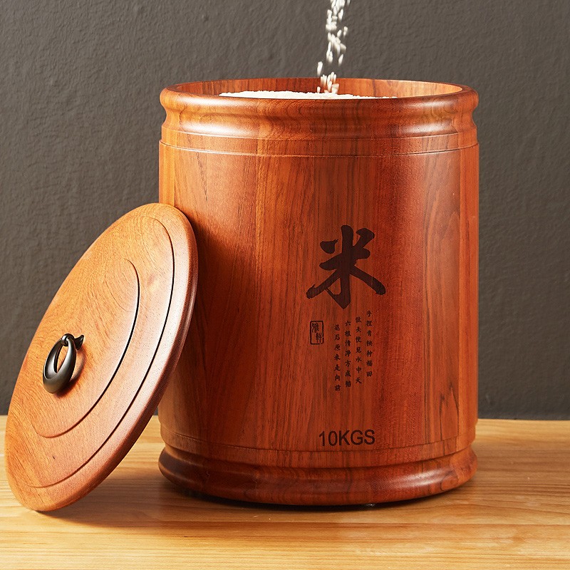 森物社实木米桶家用30斤面桶密封防潮米桶可定制图案防虫米桶花梨木储