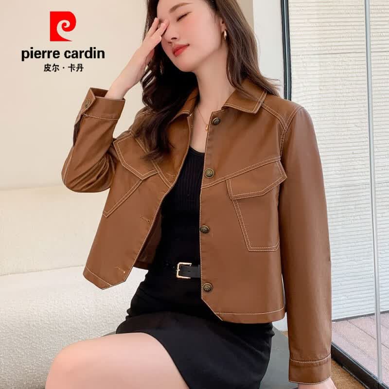 皮尔卡丹（pierre cardin）海宁2023春秋新款皮衣短款外套女时尚显瘦港风洋气百搭女式皮夹克 浅棕色 XL 建议95-110斤怎么看?