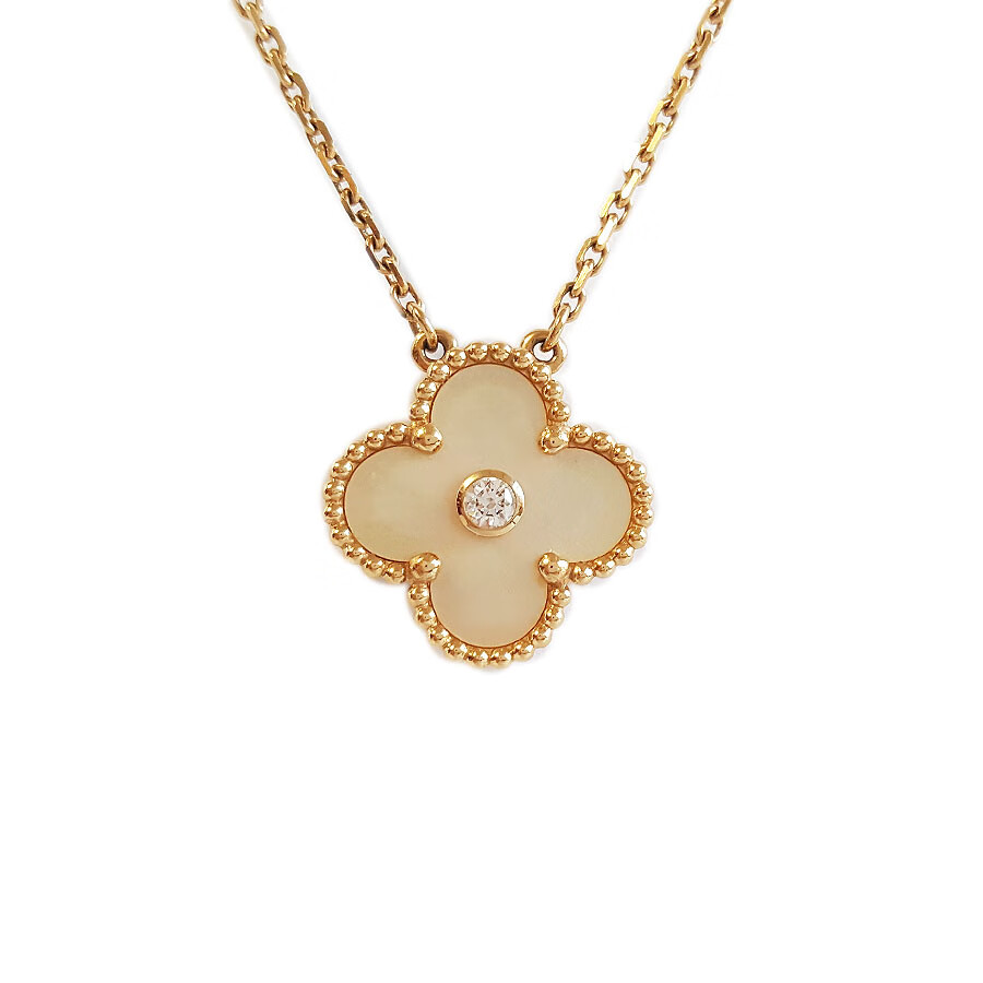 中号18k黄金单钻镶金贝母四叶草项链二手奢侈品饰品