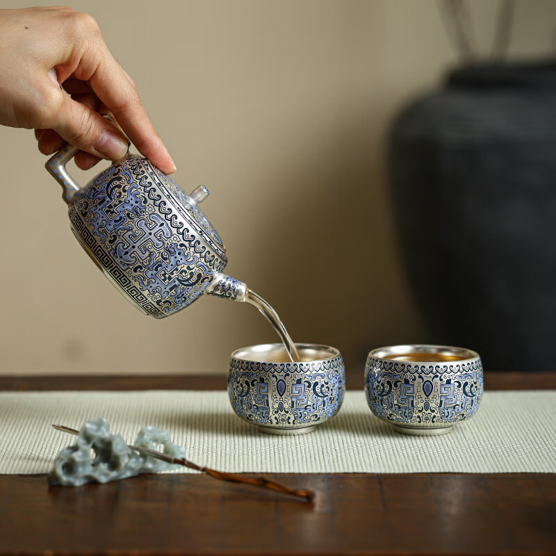 BOSSY金银错大师作品鎏银复古泡茶壶家用功夫茶具一壶两杯商务礼盒装 鎏银【青花龙】(礼盒) 3头