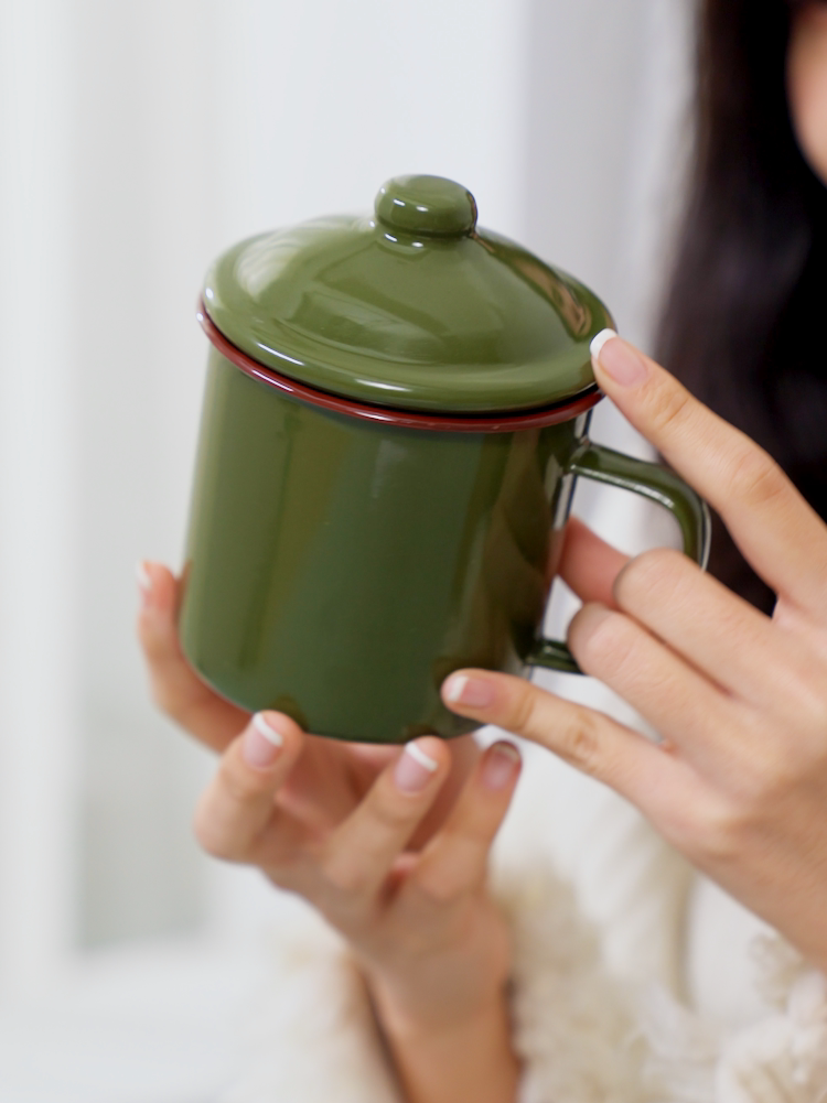 优凡优品 怀旧经典老式军绿色茶缸子搪瓷口杯怀旧复古搪瓷杯子铁茶缸