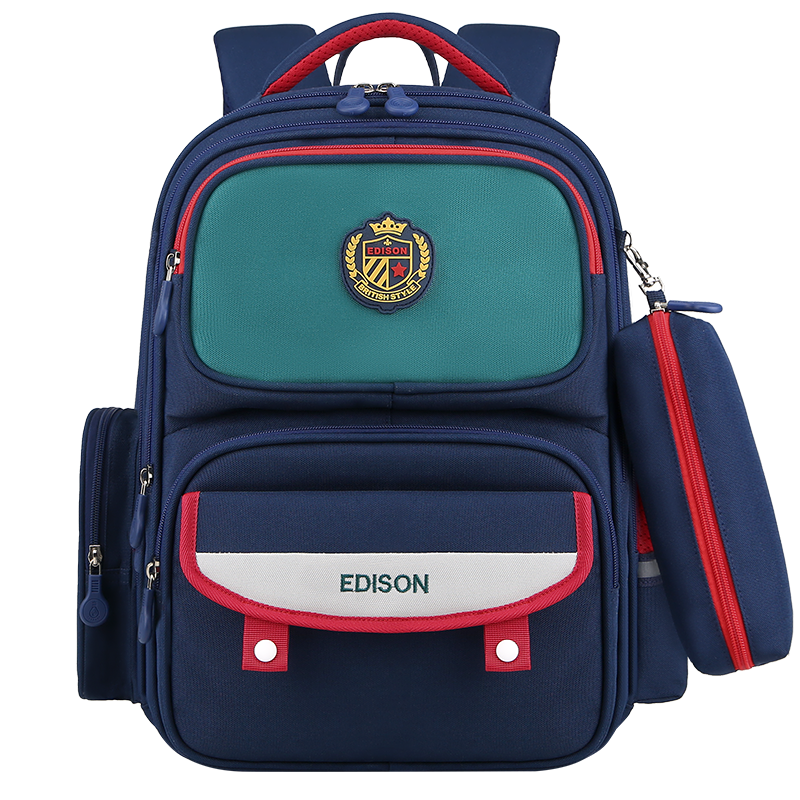 EDISON 爱迪生 小学生书包护脊反光大容量防泼水儿童双肩背包2313-1红蓝绿