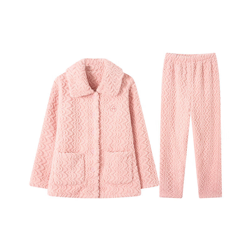 芬腾睡衣女【加厚暖绒】2024秋冬季少女感保暖翻领开衫长袖家居服套装 虾粉 L