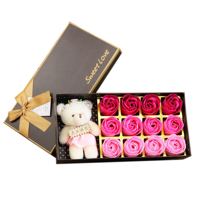 商業(yè)展會小禮品18朵玫瑰香皂花禮盒實(shí)用創(chuàng)意生日禮物仿真花 12朵加熊 粉色