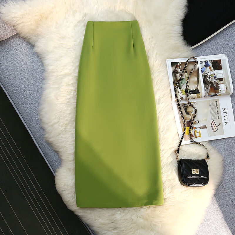 小个子半身裙中长款侧开叉秋冬半身裙高级感气质开叉女新款简 绿色 s