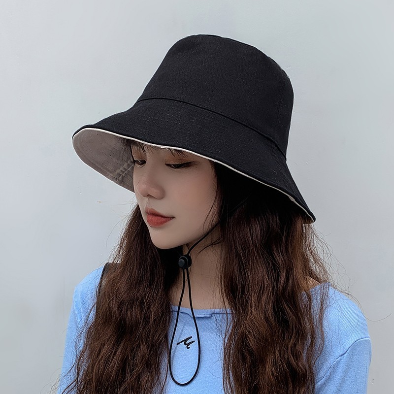 双面渔夫帽子女春夏季沙滩帽遮阳大檐防晒太阳帽 双面压线款-黑加米
