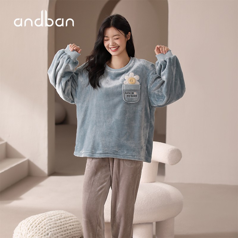 安之伴睡衣女晚秋冬法兰绒保暖厚款圆领可爱小花可外穿女士家居服套装 冰兰 XL