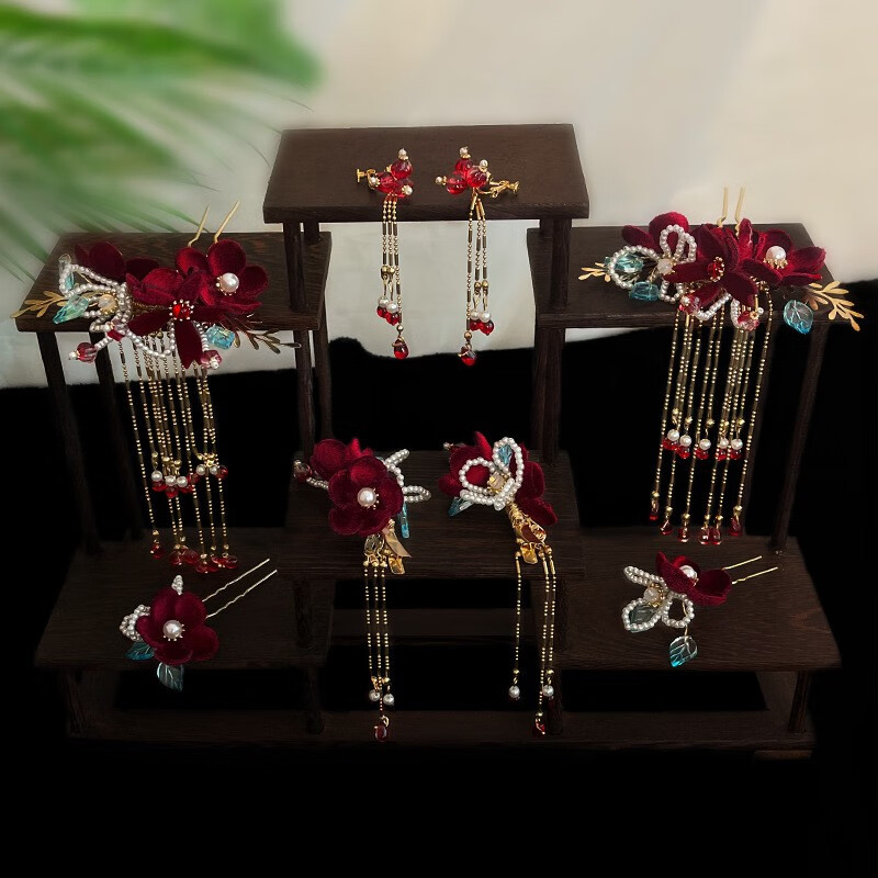 海伊朵婚纱头饰新娘发饰套装发箍韩式仙女森系敬酒服发饰中式礼服配饰品 红色绒花发簪套装