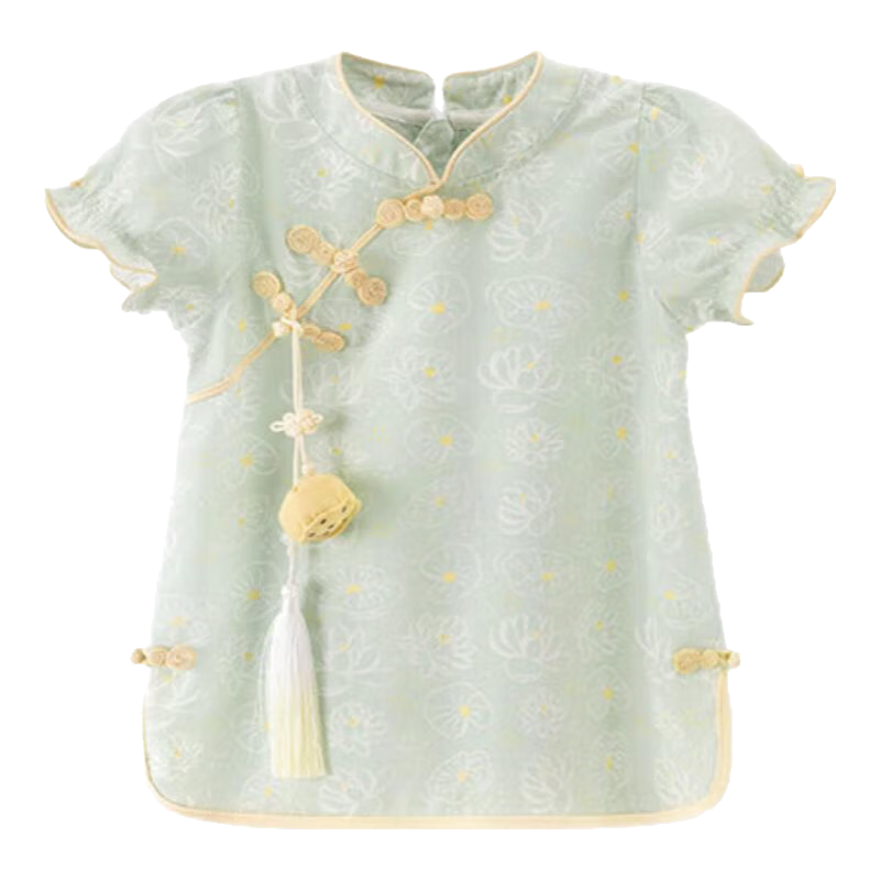 乖奇熊女寶寶新中式漢服連衣裙夏季女童旗袍裙子?jì)雰和獬鰢L(fēng)周歲禮服 綠色/夏日荷花 73
