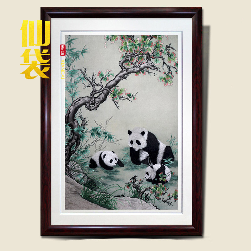 仙袋 湘绣国宝梅花熊猫外宾商务友人送礼书房过道时尚客厅装饰画创意