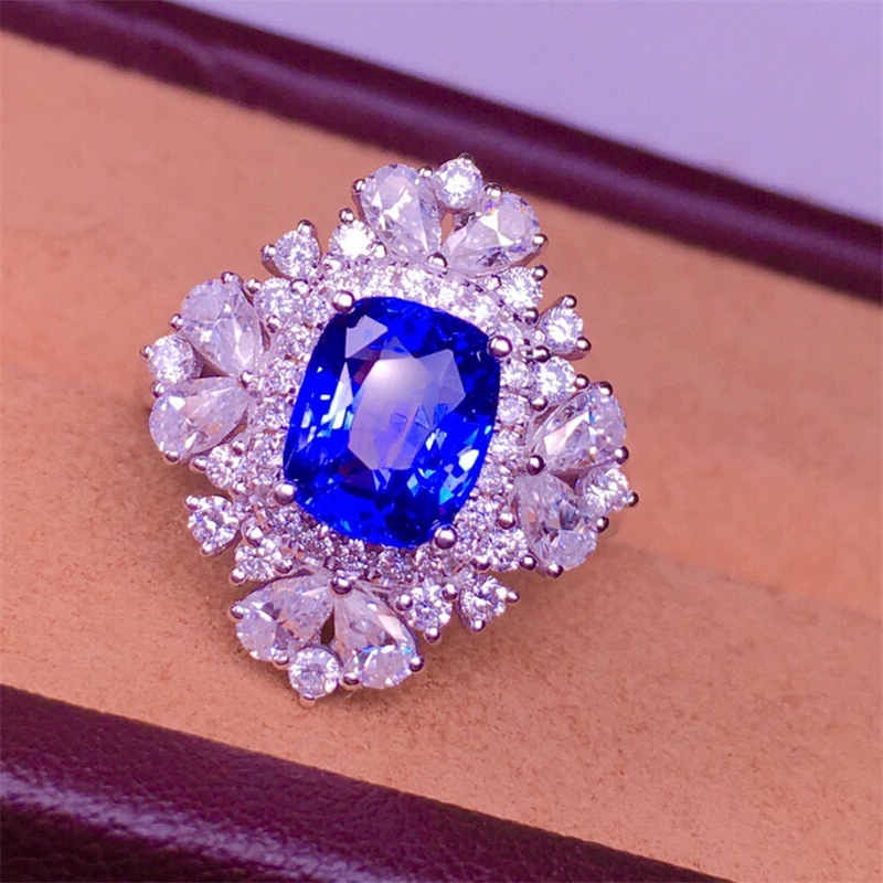 31克拉无烧斯里兰卡蓝宝石戒指 方枕形戒面 简约时尚 18k金镶钻石 带