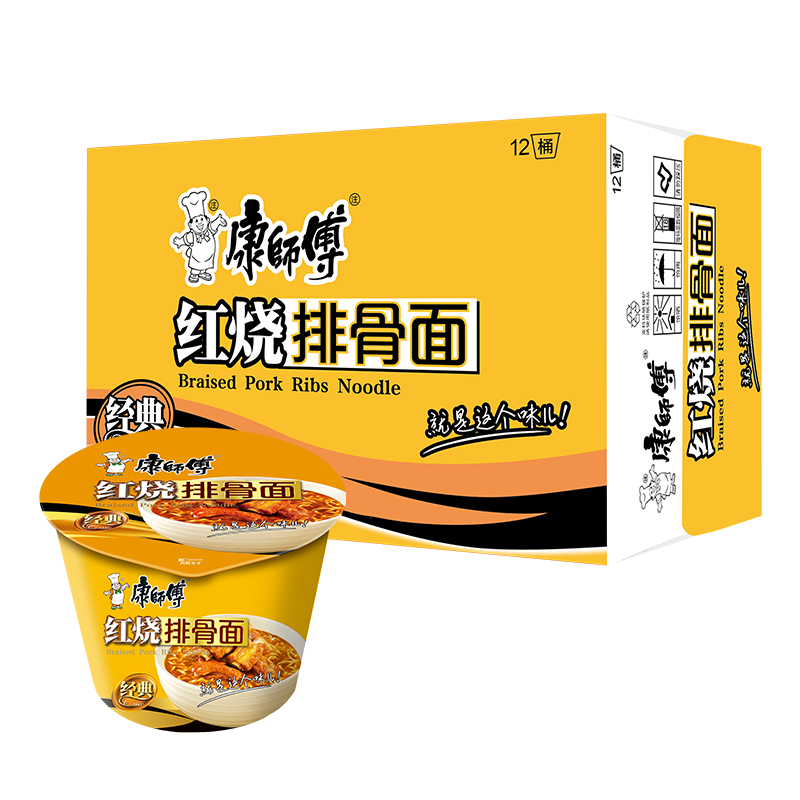 康师傅 桶装方便面泡面 红烧排骨桶面 12桶整箱装