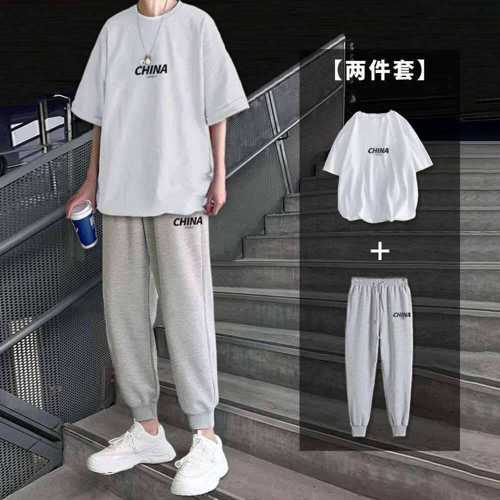 牛仔裤夏季款男士直筒五分休闲夏季薄 【2件套装】白衣 灰裤/有图s