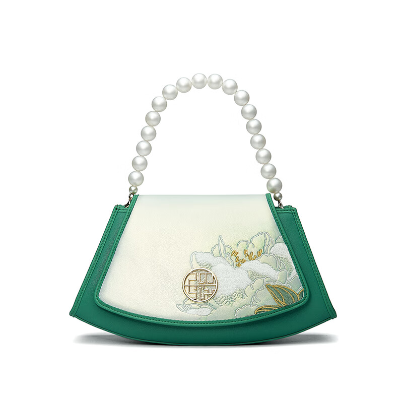 PmSix复古中国风绣花女包生日礼物送妈妈纯牛皮女包中年女士单肩斜挎包 翠绿色-送礼盒包装