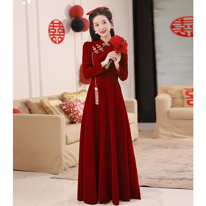 悦诗春沐旗袍敬酒服2023新款新娘小个子回门结婚当天便装酒红色订婚礼服女 酒红色长款 L (建议106-115斤)怎么看?