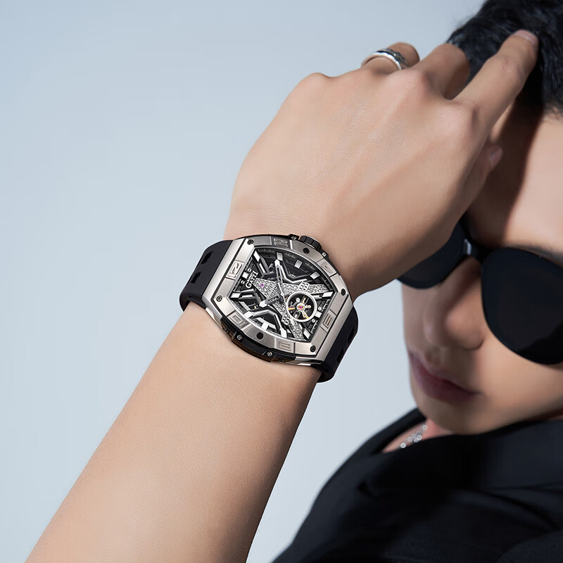 布加迪（BONEST GATTI）德国手表男士全自动机械名表夜光镂空腕表情人节新年礼物送男友 BG5001-R2 银壳黑面黑胶带