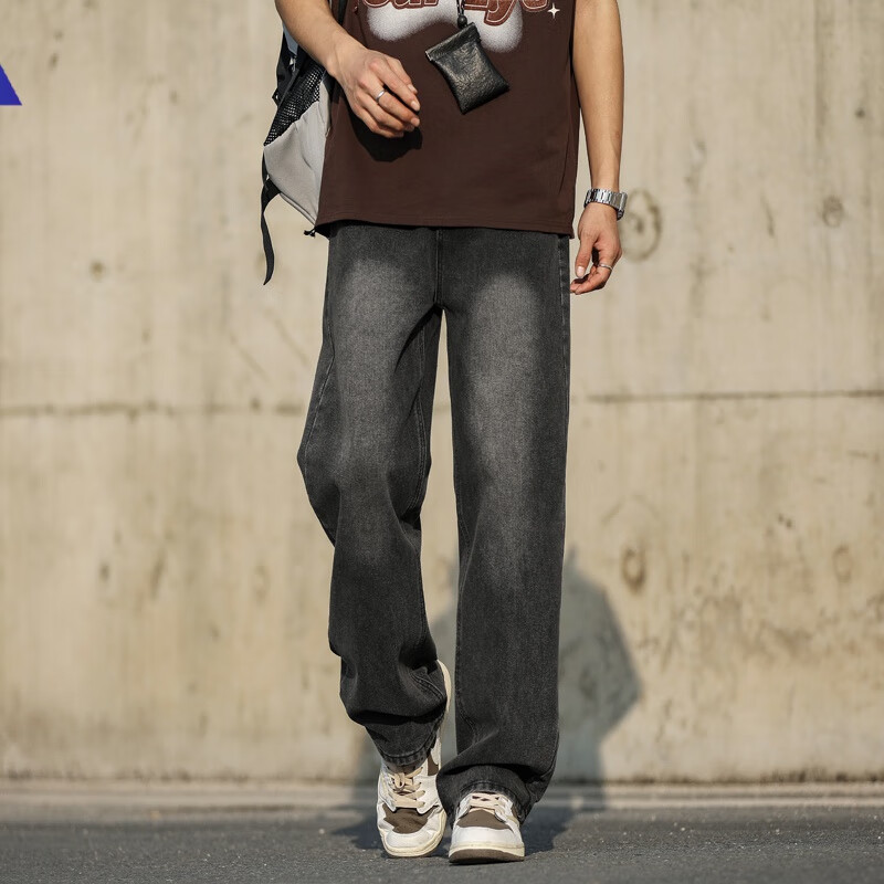 独角酷牛仔裤男款春秋季美式复古水洗做旧高街vibe宽松直筒阔腿休闲