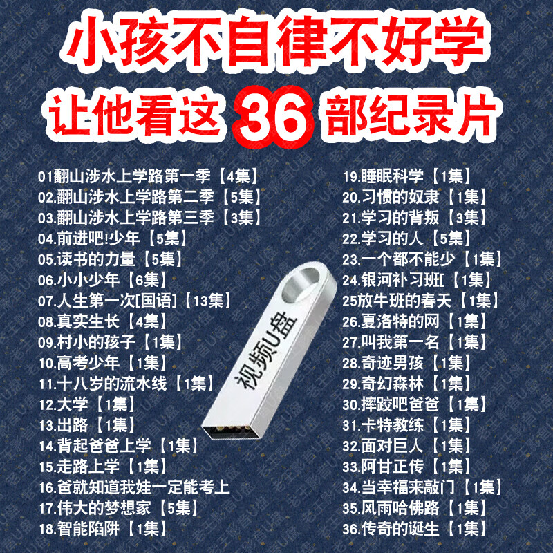 36部少儿纪录片U盘翻山涉水去上学读书的力量小x少年励志教育视频 64G-36部激发孩子自律片和电影
