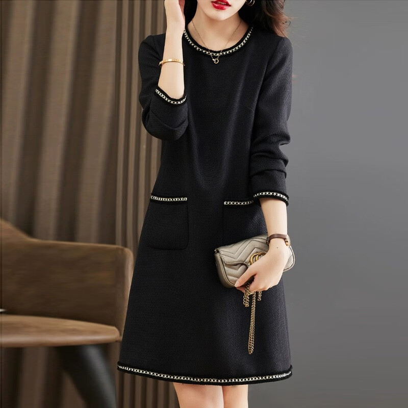 莎妮朵罗大码女装春秋装新品胖女人遮肚子显瘦胖mm收腰A字圆领连衣裙19655 黑色 2XL建议135-150斤穿着