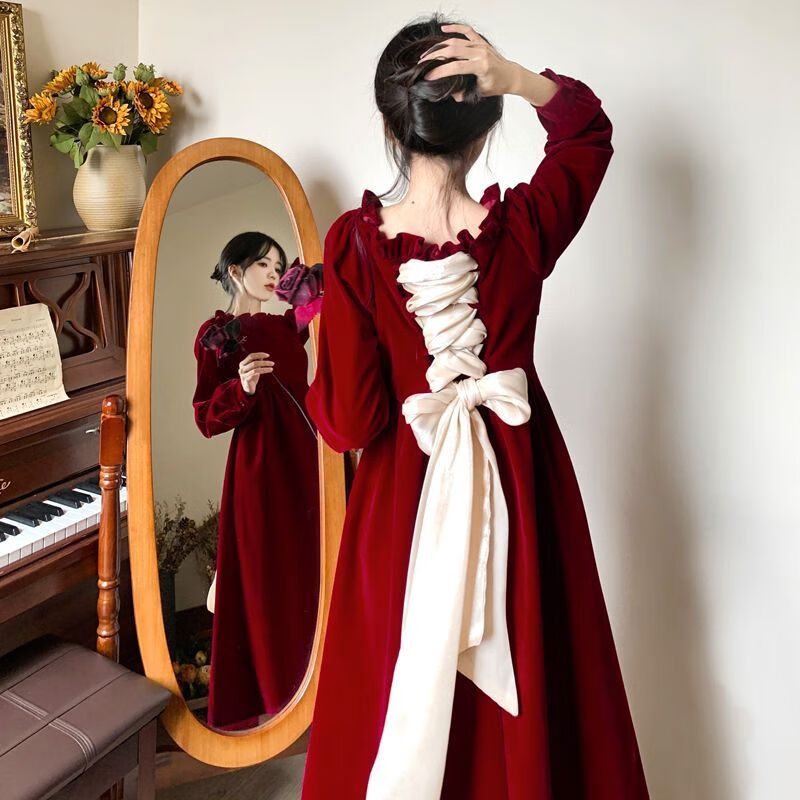 知特(zhite)成人礼服女1礼服 高级感红色丝绒连衣裙