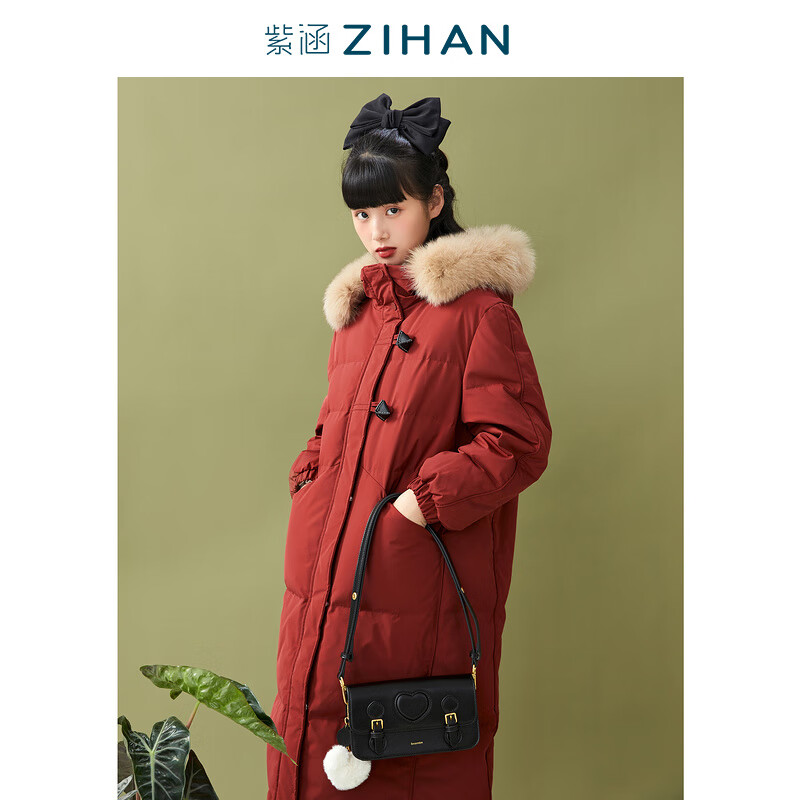 紫涵（ZIHAN）奇幻之旅冬季純色歐美風(fēng)長(zhǎng)款羽絨服寬松過(guò)膝毛領(lǐng)女 米金 XS