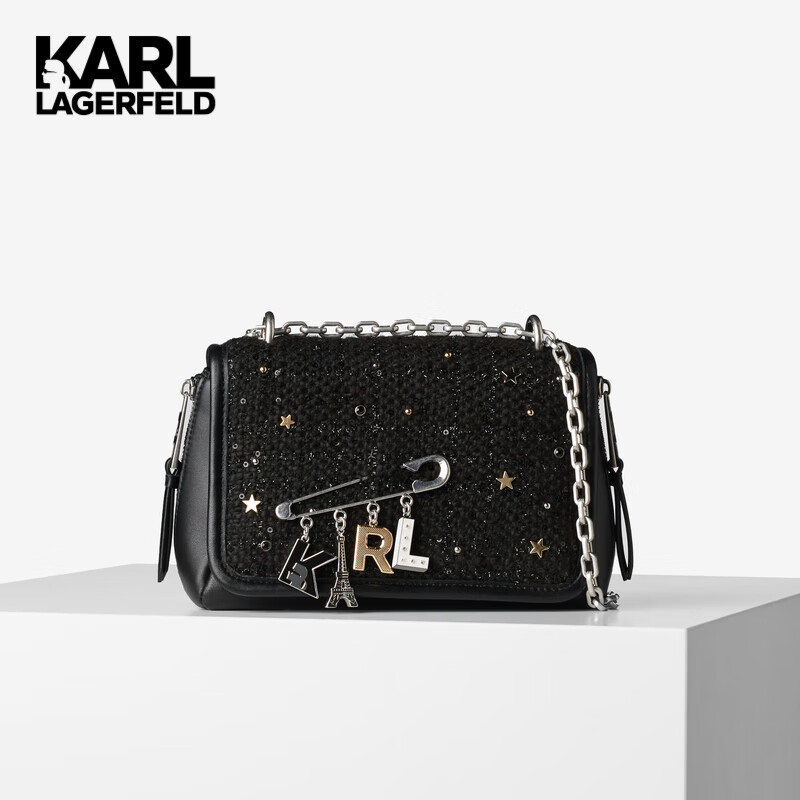 karl lagerfeld卡尔拉格斐轻奢老佛爷别针装饰粗花呢女士单肩包 黑色