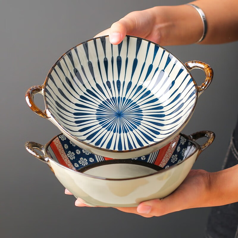川岛屋日式双耳汤碗家用2021新款陶瓷大碗拉面碗创意餐具手柄汤盆 7.5英寸双耳碗(青蕾)