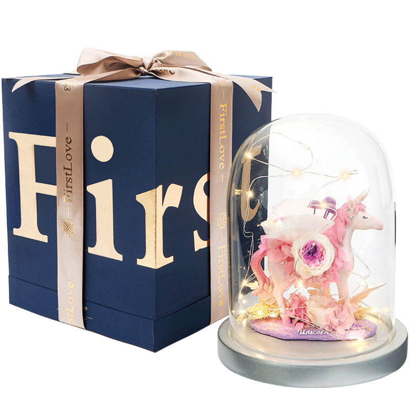 FirstLove永生花獨(dú)角獸玫瑰花玻璃罩禮盒新年情人節(jié)生日禮物送女友