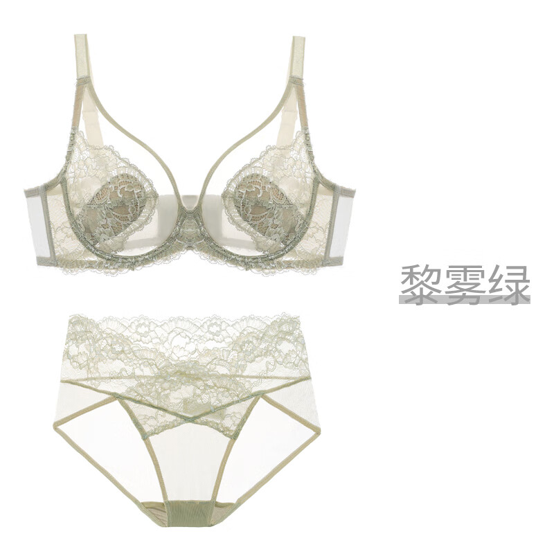 薄款大胸显小胸套装聚拢全罩杯收副乳款夏季文胸 黎雾绿套装 70b 32b